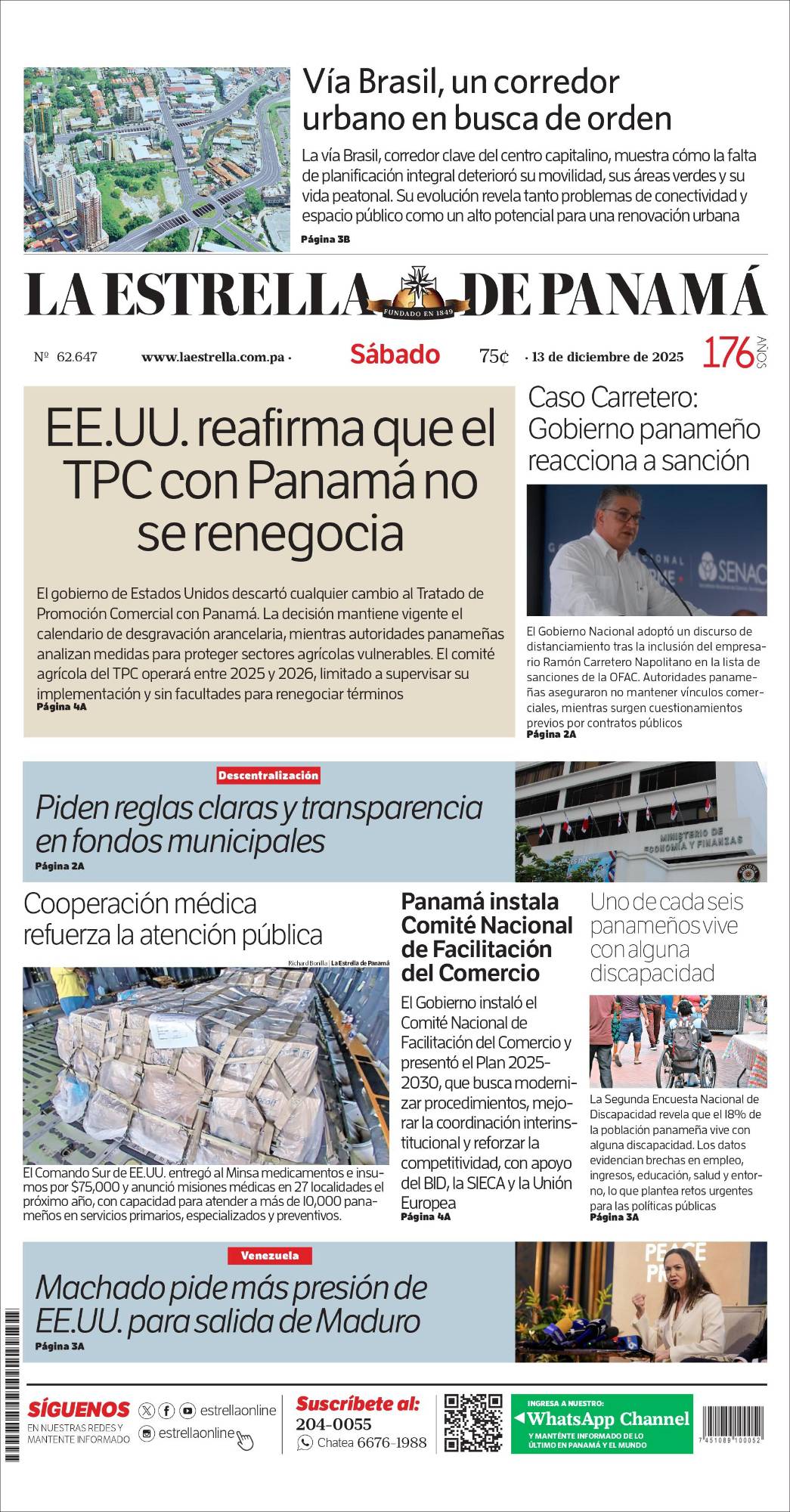 Portada del impreso del 13 de diciembre de 2025