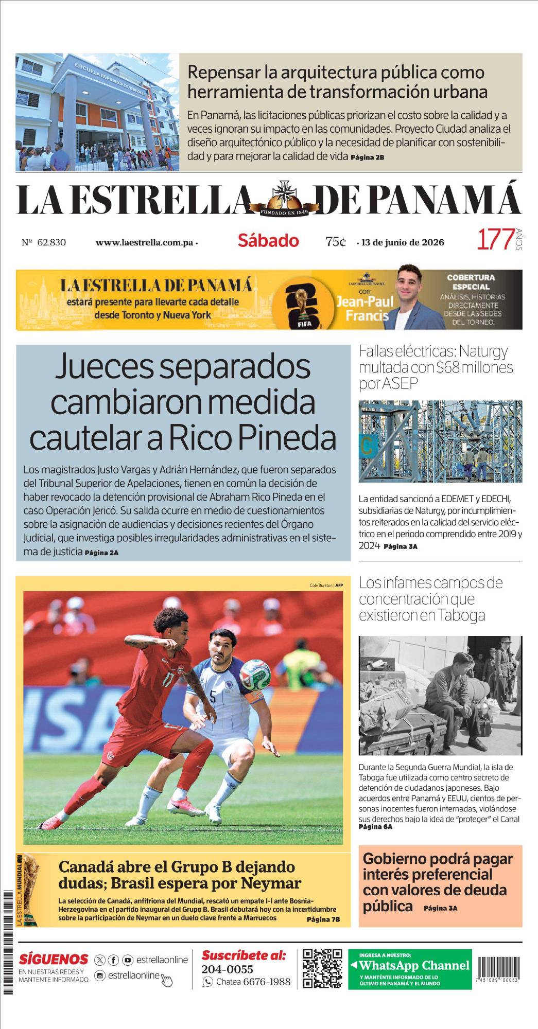 Portada del impreso del 13 de junio de 2026