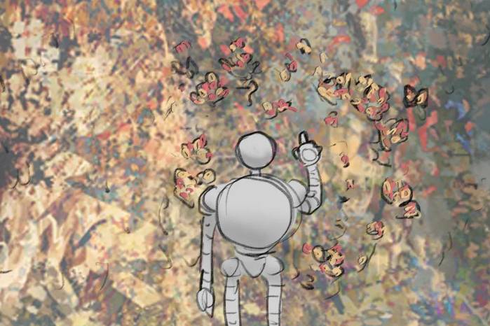 Utilizando técnicas de 2D y 3D, Sanders logra capturar las emociones de un robot y sus aliados animales.