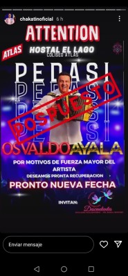 Mensaje donde informan que la presentación en el Hostal El Lago, en Pedasí, fue pospuesto por la salud de Osvaldo Ayala.