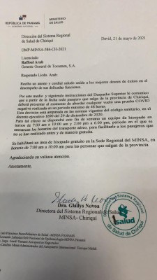 Nota del MINSA en Chiriquí sobre puesto de hisopado en el Aeropuerto Internacional Enrique Malek, en David, provincia de Chiriquí.