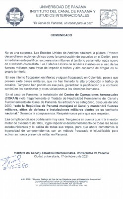 Comunicado del Instituto del Canal de Panamá y Estudios Internacionales de la Universidad de Panamá