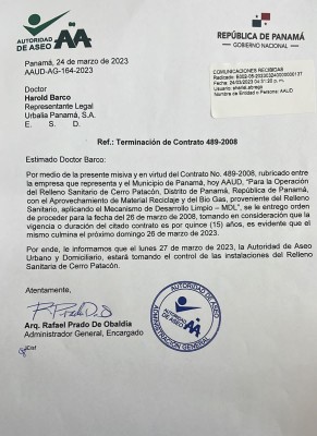 Carta de terminación de contrato de Urbalia Panamá, S.A. para administrar el relleno sanitario de Cerro Patacón