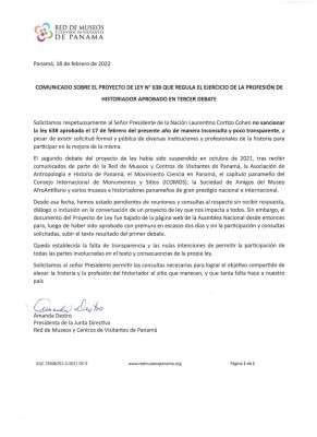Comunicado de prensa firmado por Amanda Destro, presidenta de la Junta Directiva de la Red de Museos y Centros de Visitantes de Panamá.