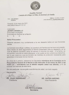 Nota enviada por las diputadas para reunirse con Javier Caraballo.