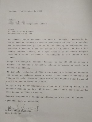 Carta de Manuel Pérez Barreiro apoderado de boxeo dirigida a Aurelio Fianco, presidente de Campeonato Latino y Gilberto Jesús Mendoza, presidente de la Asociación Mundial de boxeo (AMB).