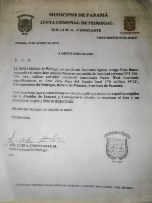 Autorización de Junta Comunal de Pedregal. 