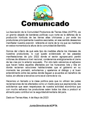 Comunicado de Prensa de la ACPTA por cierre a la altura de Bambito.