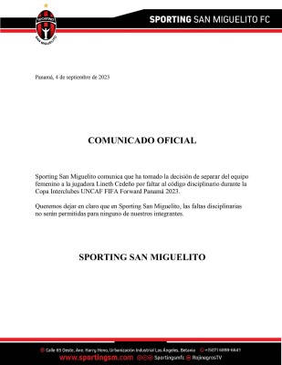 Comunicado del Sporting de San Miguelito sobre Lineth Cedeño.