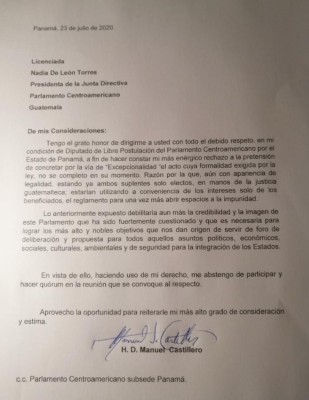 Carta de Manuel Castillero, diputado parlamentario.