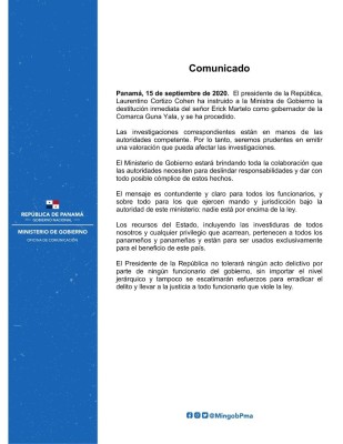 Comunicado del Gobierno panameño