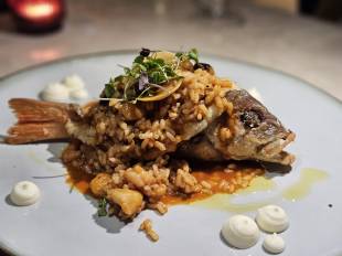 Pescaito frito con arroz meloso de mariscos.