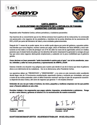 Carta abierta al presidente Laurentino Cortizo de asociaciones de bares y cervecerías.