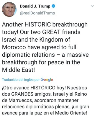 Donald Trump, anunció en Twitter un acuerdo entre Marruecos e Israel