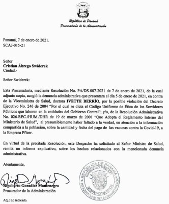Procurador de la Administración, Rigoberto González Montenegro notifica a la Fundación que acoge denuncia e investigará.