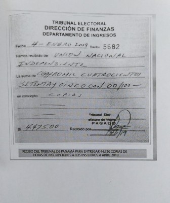 Copia del recibo 5682, donde UNI paga la suma de $4,475 el 4 de enero de 2019 para la copia autenticada de los libros de registro de adherentes al partido en formación.