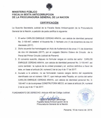 Convenio entre la Constructora Meco y el Ministerio Público de Panamá.