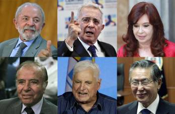 Combo de fotografías de archivo que muestra, desde la izquierda-arriba, al presidente de Brasil, Luiz Inácio Lula da Silva, y a los expresidentes de Colombia, Álvaro Uribe; de Argentina, Cristina Fernández de Kirchner. Abajo, a los expresidentes de Argentina, Carlos Menem; de Panamá, Ricardo Martinelli, y de Perú, Alberto Fujimori. Uribe, condenado este viernes a 12 años de prisión domiciliaria, se suma a una larga lista de exmandatarios latinoamericanos que han recibido largas condenas en lo que va de este siglo.