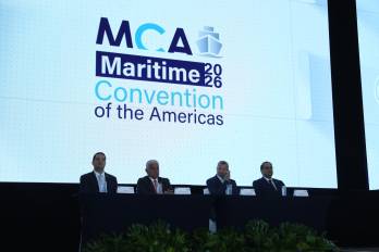Inauguración de la Convención Marítima, en ciudad de Panamá, con el presidente de la Cámara Marítima de Panamá, René Gómez; el secretario general de la Organización Marítima Internacional (OMI), Arsenio Domínguez; el presidente de la República, José Raúl Mulino, y el capitán Gerardo Bosques presidente del comité organizador