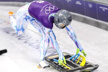 El ucraniano Vladyslav Heraskevych durante la sesión de entrenamiento de Skeleton Masculino en los Juegos Olímpicos de Invierno Milano Cortina 2026.
