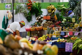 Una persona trabaja en un puesto de alimentos este martes, en el mercado de abastos en La Chorrera, Ciudad de Panamá (Panamá). EFE/ Bienvenido Velasco