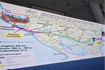 Mapa con la nueva ruta del canal de Nicaragua que conectará el puerto de Bluefields con el de Corinto.
