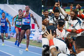 De izquierda a derecha: Diddier Rodríguez ganador de la medalla de oro en atletismo y la selección de béisbol campeona de la presea dorada en la capital dominicana.