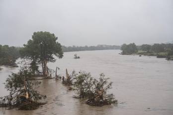 Los árboles emergen de las aguas de la inundación a lo largo del río Guadalupe el 4 de julio de 2025 en Kerrville, Texas.