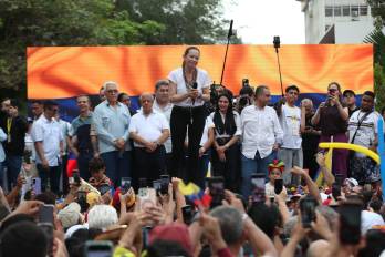 La líder opositora venezolana María Corina Machado dirigiéndose a la diáspora venezolana este sábado 23 de mayo.