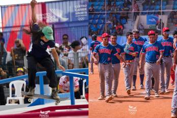 De izquierda a derecha: La atleta panameña Meliza Wu Lan durante la competición y la selección de Softbol despúes del partido.