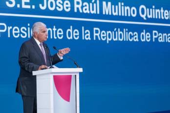 El presidente de la República, José Raúl Mulino, durante la presentación de la nueva identidad del banco Banistmo, ahora bajo el Grupo Financiero BSC, en el Panama Convention Center.