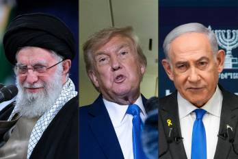 Esta combinación de imágenes creada el 18 de junio de 2025 muestra (de izq. a der.) el ayatolá Ali Khamenei, el presidente de los Estados Unidos, Donald Trump, y el primer ministro de Israel, Benjamin Netanyahu.