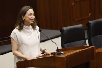 María Corina Machado hablando en la Asamblea Nacional de Panamá.