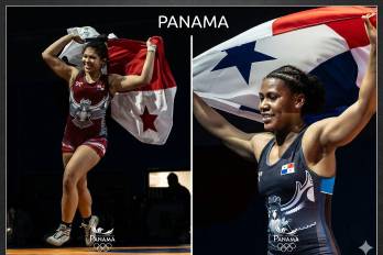 Las atletas panameñas Aisha Williams (izq.) y Aisha Williams (der.) celebran tras ganar una medalla de oro en los IV Juegos Suramericanos de la Juventud Panamá 2026.
