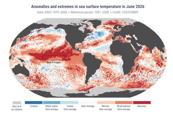 El mapa satelital de Copernicus expone anomalías extremas de calor en la superficie del mar durante junio de 2026, destacando en rojo intenso la región Niño 3.4 del Pacífico ecuatorial central.