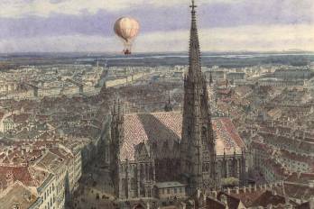 En la imagen, la obra 'Paseo en globo aerostático sobre Viena (Vista de Viena desde el Sudeste con un globo aerostático sobre la ciudad), 1847.