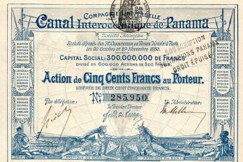 Bono de cinco centésimos emitido por la Compañía Universal del Canal Interoceánico de Panamá.