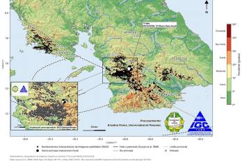 Deslizamientos satelitales: Vista satelital del satélite Sentinel-2 que muestra grietas y deslizamientos en Azuero.