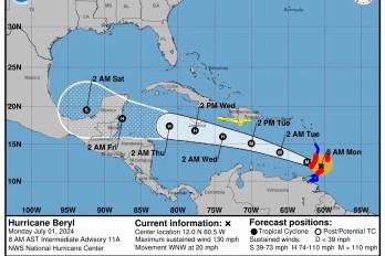 Imagen cedida por el Centro Nacional de Huracanes (NHC) estadounidense donde se muestra el pronóstico de cinco días de la trayectoria del huracán Beryl en la cuenca atlántica.