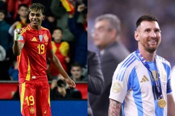 El jugador de la selección de España, Lamine Yamal (izq.) y de la selección de Argentina, Lionel Messi.