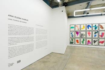 Cuarenta y ocho dibujos en lápiz de color sobre papel están dispuestos en una cuadrícula que abarca una pared.