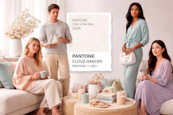 Propuesta visual inspirada en el Pantone Color of the Year 2026, Cloud Dancer, un blanco etéreo combinado con tonos pastel y neutros que refuerzan la sensación de calma, ligereza y equilibrio en moda, diseño y estilo de vida.