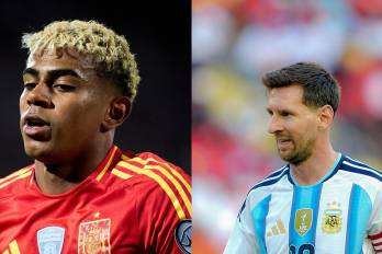 Los futbolistas Lamine Yamal (izq.) y Lionel Messi.