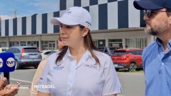 La ministra de Trabajo y Desarrollo Laboral, Jackeline Muñoz (iz), junto al ministro de Comercio e Industrias, Julio Moltó (de).