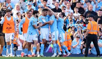 El jugadores del Manchester City celebran el gol de Rodri, el 3-1, durante el partido de la Premier League que han jugado Manchester City y West Ham United, en Manchester, Reino Unido.