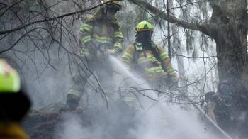 Bomberos trabajan en la extinción de un incendio, en el cerro El Cable, en Bogotá.