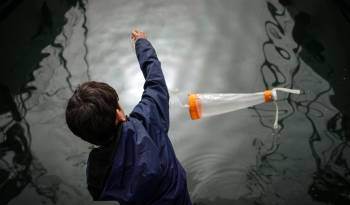 Un niño recoge agua del Port Vell en una de las actividades que con motivo de la Conferencia del Decenio del Océano de la Unesco.