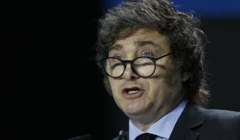 Javier Milei, presidente de Argentina , durante su intervención en la convención política de Vox Europa Viva 24 que se celebra este domingo en el Palacio de Vistalegre, en Madrid.