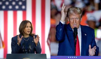 Composición de dos fotografías de archivo donde aparecen los dos candidatos presidenciales estadounidenses, la demócrata Kamala Harris y el republicano Donald Trump.
