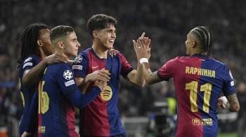 Los jugadores del FC Barcelona celebrando el gol ante el Borussia Dortmund.